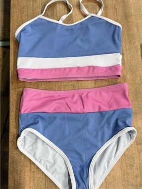 Girls' Blue, Pink & White Colorblock High-Waist Swim Bikini